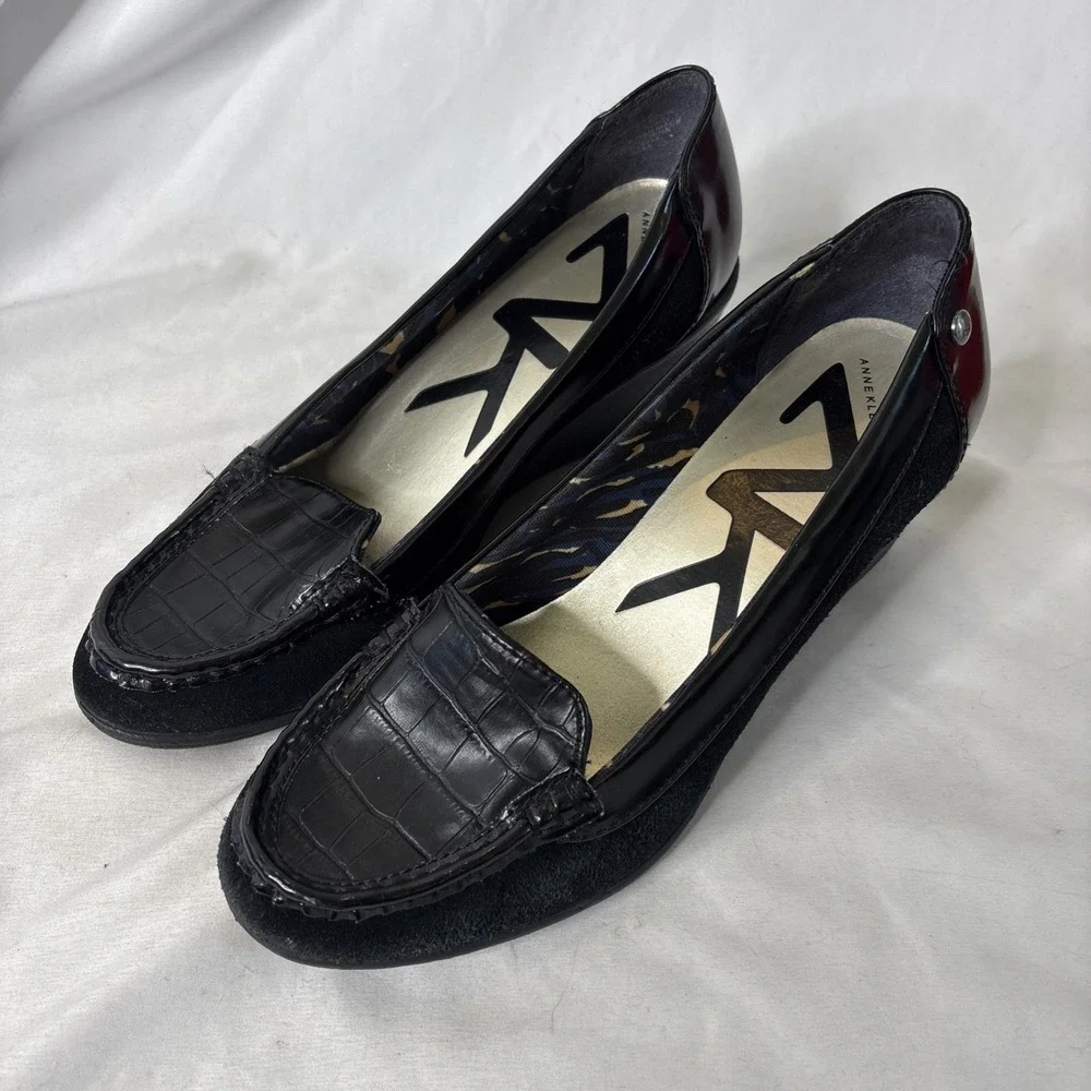 Anne Klein AKfadila Black Wedge Loafers 8.5 M Croc-Embossed Vamp 90s Preppy Shoe